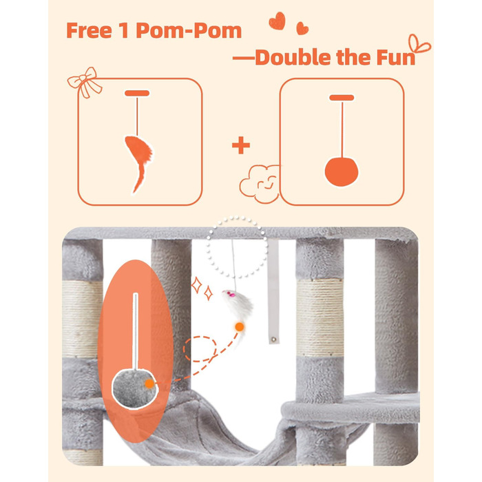 Дерево для котів Taoqimiao 170 см, велике, з будиночками, гамаком, корзиною, 8 стовпчиками для шліфування, 2 платформами, сірий MS013W