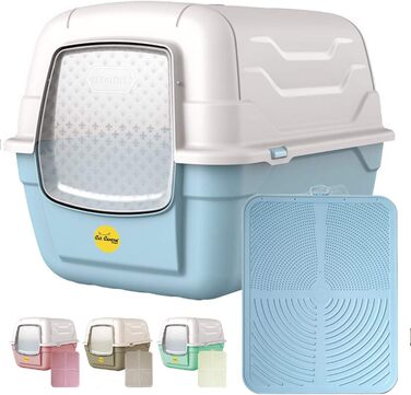 Туалет для котів Cat Centre з кришкою, лотком, дверцятами, шкребком та вугільним фільтром для великих котів, 52 x 40 x 40 см (52 x 40 x 40 см, Синій + Синій килимок)