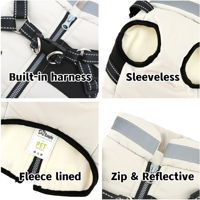 Тепла зимова куртка для собак маленьких порід (Yorkie, Chihuahua) з інтегрованим повідком, без рукавів, L кремового кольору