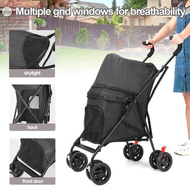 Візок для собак Wedyvko для маленьких собак, 10-9 кг, легкий, складаний, з кошиком для зберігання та тримачем для напоїв, чорний