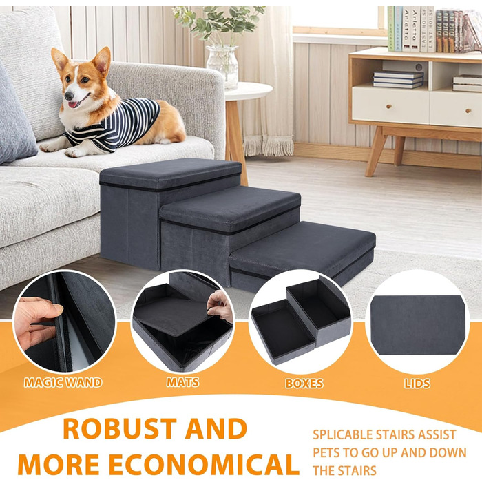 Сходинки для собак з місцем для зберігання, 2 сходинки, складані, широка пандус для домашніх тварин, неслизькі сходи для собак, драбина для домашніх тварин, сходи для собак та котів маленьких та великих порід, темно-сірий 60×40×30 (квадрат)