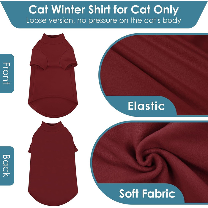 Пуловер з коміром-стійкою для котів AOFITEE, м'який, для безшерстих котів Sphynx, теплий, флісовий, зимовий, піжама, комбінезон для кошенят, котів, розмір S (середній, бордовий)