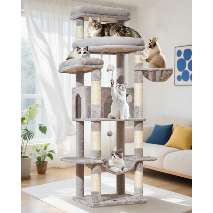 Когтеточка для котів Taoqimiao 180 см XXL, великий котячий комплекс для Maine Coon з будиночком, гамаком, платформами та 9 стійками (світло-сірий)