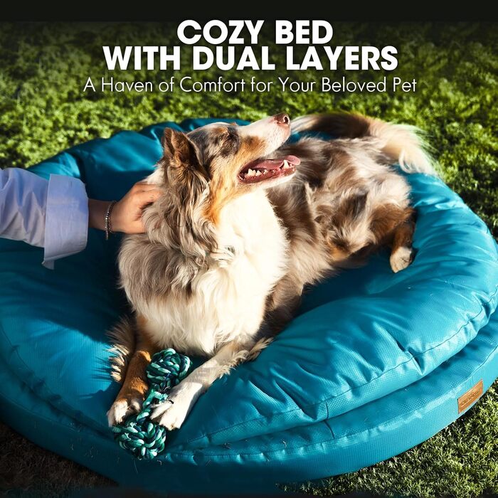 Ортопедичне ліжко для собак CevaHome круглої форми, з подвійним наповнювачем, водовідштовхувальне, неслизьке, знімний чохол, колір оливково-зелений (Mosaikblau), розмір 42x42x8 см