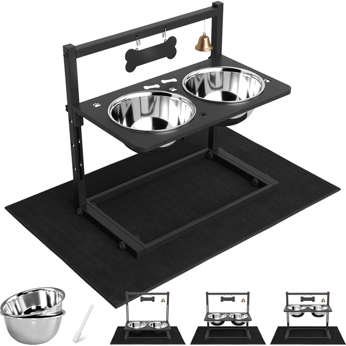 Підвищені годівниці для собак великих та екстра-великих порід, з антипроливною підкладкою, об'єм 3000 мл (2 шт.), стабільна годівниця висотою 46 см, коричневого кольору. Металеві годівниці та підкладка, 2.863 мл, 46 см