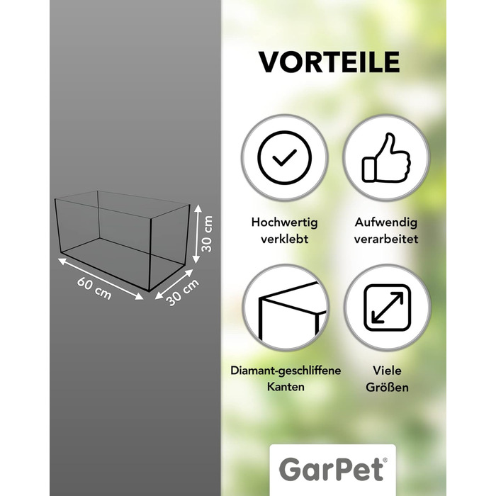 Акваріум GarPet 54 л, скляний, прямокутний, 60x30x30 см, для морської та прісної води