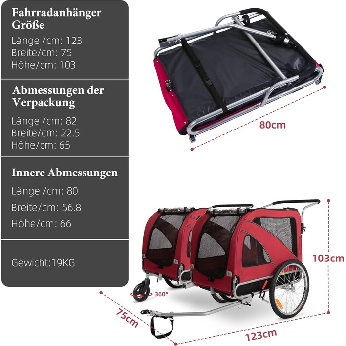 XL велосипедно-біговий перевізник для собак 2-в-1 з гальмом та світловідбивачами, 600D Oxford, до 40 кг (Червоний)