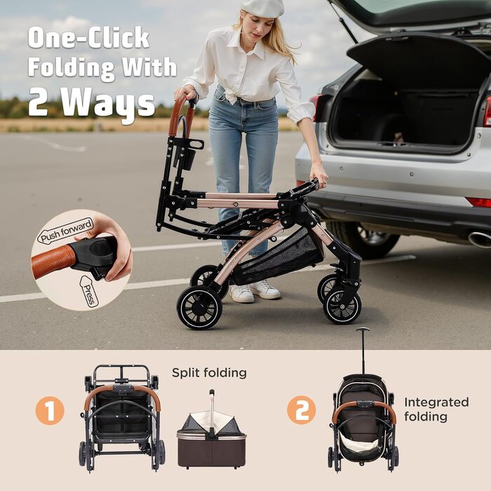 Візок для котів та собак Gimars 20кг, 4-в-1, складання, поворот 360°, гумові колеса, гальмо, захист від дощу, регульована ручка, хакі