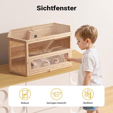 Клітка для тварин Wiltec 3-ярусна, 600x400x800 мм, дерев'яна, з відкидним дахом та оглядовим вікном, для мишей, хом'яків (116x60x59 см)