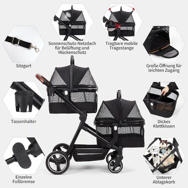 Візок для собак Zstar: двомісний, чорний, складний, з сумками для тварин (до 15 кг кожна)