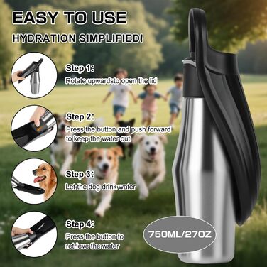 Водяна пляшка для собак на прогулянці - витокозахисна, з нержавіючої сталі, подвійні стінки, вакуумна ізоляція, 750 мл (Чорний)