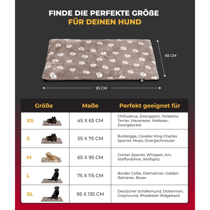 Лежак для собак HS-Hundebett® M 65x95 см, двосторонній, м'який, 3 см наповнювач, для дивану, авто та клітки, лапка, бежевий, вироблено в Німеччині