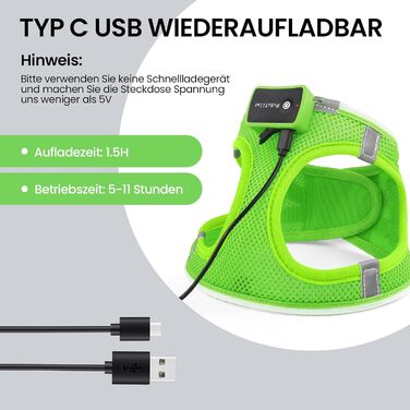 Світловідбиваючий нашийник для собак PcEoTllar з LED підсвічуванням (3 режими), зелений, для маленьких та середніх собак