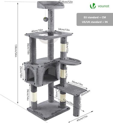 Когтеточка для котів Vounot XXL 215 см, багатоярусна, з гамаком та корзиною, сірого кольору