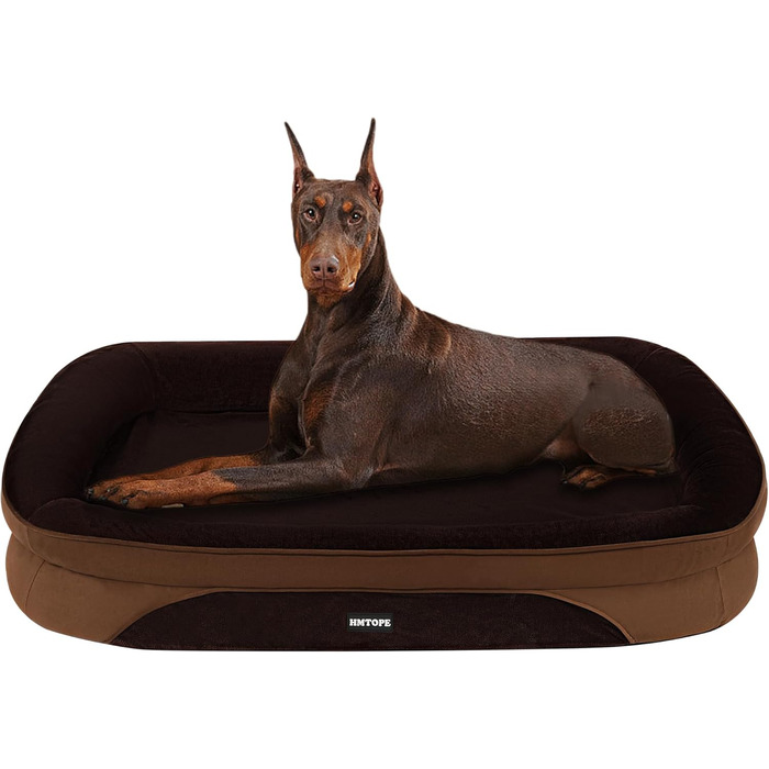 Ортопедичне ліжко для собак, ліжко-софа для великих собак, з підковоподібним валиком для шиї, неслизьке дно, знімний та пральний кошик, 122 x 90 x 19 см, Колір: Коричневий