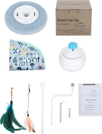 Інтерактивна іграшка для котів HAPPY HACHI 3 в 1: автоматична іграшка з пір'ям, USB-зарядка, комплект аксесуарів, блакитний колір