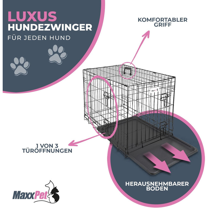 MaxxPet Клітка для собак 92x58x64 см, металева, складна, двоє дверей, чорна – транспортна клітка для авто і дому, для собак і котів