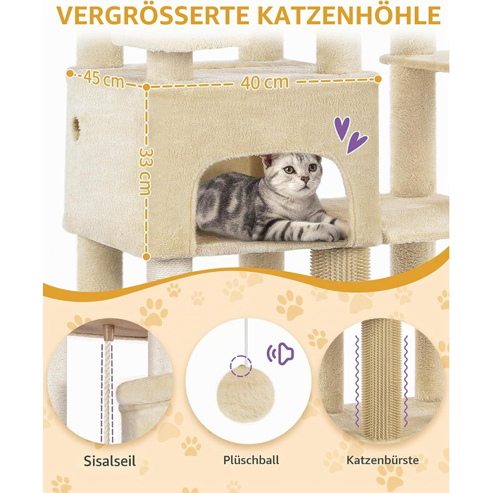 Ігровий комплекс для котів Hzuaneri XXL: високий когтеточка-замок (185 см) з 10 стовпчиками, бежевий, 68 x 45 x 185 см