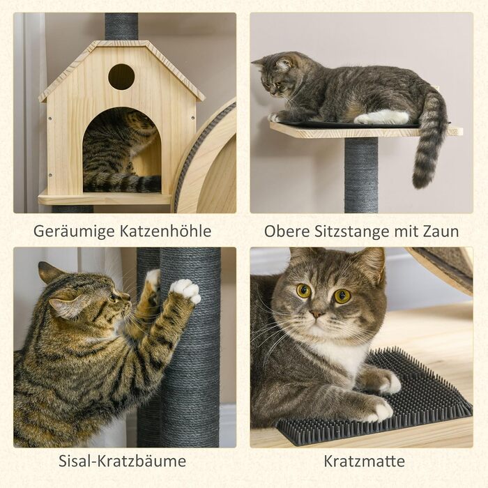 Котячий комплекс PawHut з біговим колесом, 4-рівневий кігтеточка-будиночок із сосни, сизалеві стовпи, натуральне дерево, 80x50x143 см