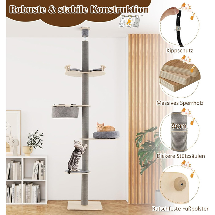 Двоповерховий котячий будиночок COSTWAY з драбиною, 236-271 см, 5-ярусний, з гамаком та платформами, котячий будиночок з плюшем, сірий, з дерева