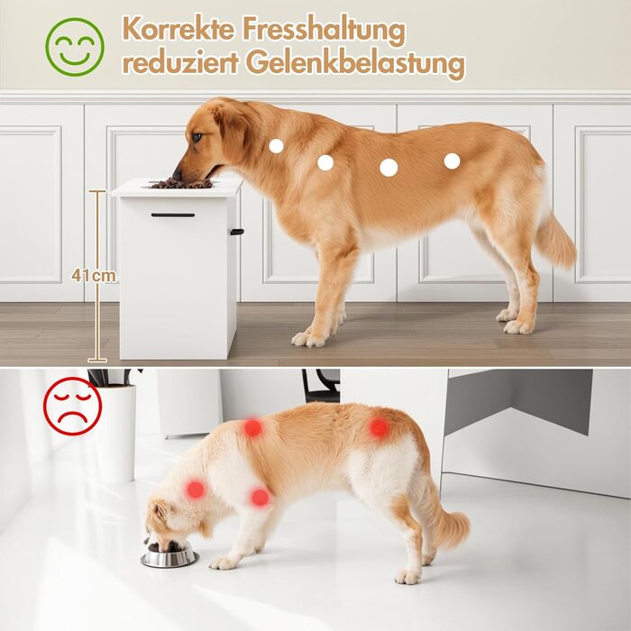Підвищений годівниця для собак великих порід, білий футерний шафчик з 2 нержавіючими мисками, станція для годування собак з місцем для зберігання та 3 ручками, годівниця для собак на підставці, бар для собак середніх порід, 60x30x41 см