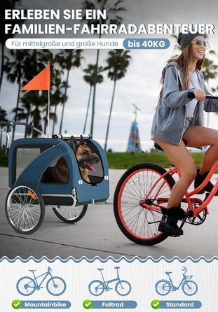 SEPNINE® Причіп для собак XL 2-в-1, велосипедний та візок для собак до 40 кг, складний з гальмами та зчіпним пристроєм, для середніх та великих собак – блакитний