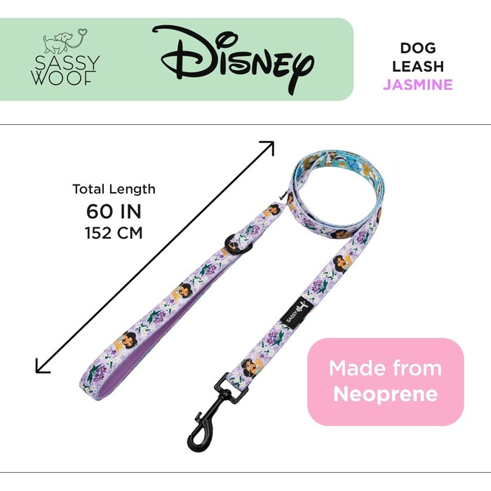 Повідок для собак Sassy Woof Disney Princess Jasmine, 152 см, з неопреновою ручкою, офіційна ліцензія, міцний і стильний, для малих і великих собак