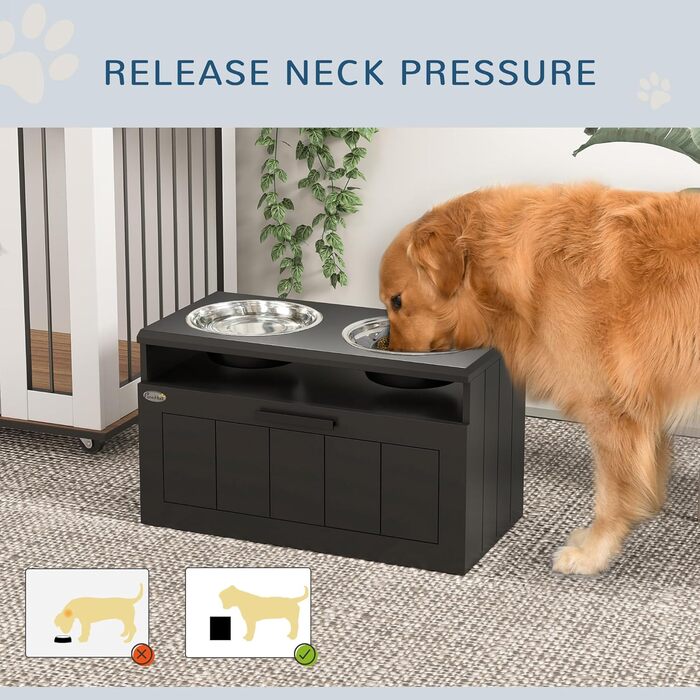 Станція годування для собак PawHut з піднятою мискою, повільною годівницею та 2 мисками з нержавіючої сталі, ящик для зберігання 25л, для великих та екстра-великих собак, білий (чорний)