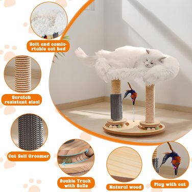 Кігтеточка-гойдалка для котів з платформою, сизаль, зручне ліжко з штучного хутра, іграшки для котів (2 м'яти, 4 дерев'яні, 1 інтерактивна джура), 5 шт.