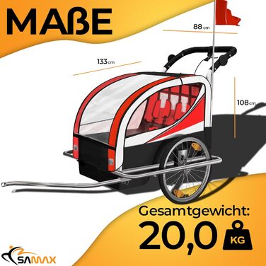 SAMAX Fahrradanhänger Jogger 2in1: Дитячий велопричіп-коляска 2в1, обертання 360°, для 2 дітей, червоний, сірий фрейм