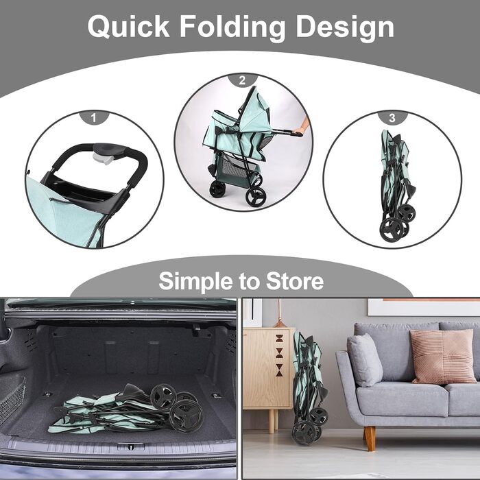 Дитяча коляска для тварин, складана, для котів/собак, з кошиком для зберігання та тримачем для напоїв, 3 колеса, для собак та котів, для маленьких або середніх собак, котів, цуценят (Блакитно-зелений)