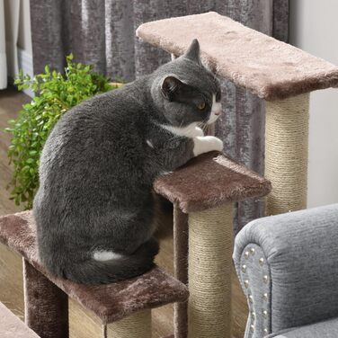 Сходи для котів PawHut з когтеточкою, 4-ступінчасті, з іграшковим м'ячем, для котів до 5 кг, плюшеві, джутові, коричневі, 60x40x64 см