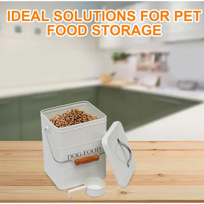 Контейнер для корму для собак з металу, 2.3 кг – герметичний контейнер для зберігання корму з кришкою, дерев'яною ручкою та ложкою – білий контейнер для сухого корму, ласощів, печива для собак – вінтажна коробка для запасів