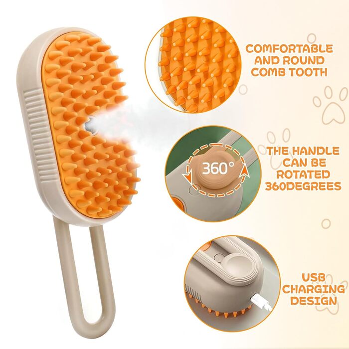 Парова щітка для котів Katzen, 2025 гребінець з розпилювачем, 3-в-1, самоочисна щітка для шерсті котів, домашніх тварин, собак, акумуляторна щітка для шерсті котів