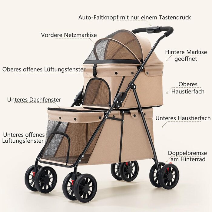 Складаний візок для собак на 2 яруси, переноска для домашніх тварин до 24 кг, візок для собак з сітчастими віконцями, ремінь безпеки, 4 колеса, складаний візок для котів та маленьких собак (колір: коричневий)