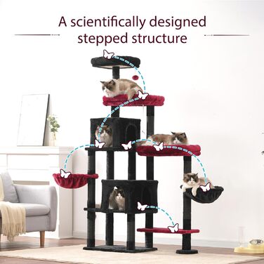 Дерев'яний будиночок для котів Hey-brother з розширеною конструкцією, широкими платформами, затишними печерами, гамаками, сизалевими стовпчиками та м'ячиком, 178 см, MPJ038W (Чорний та Червоний)