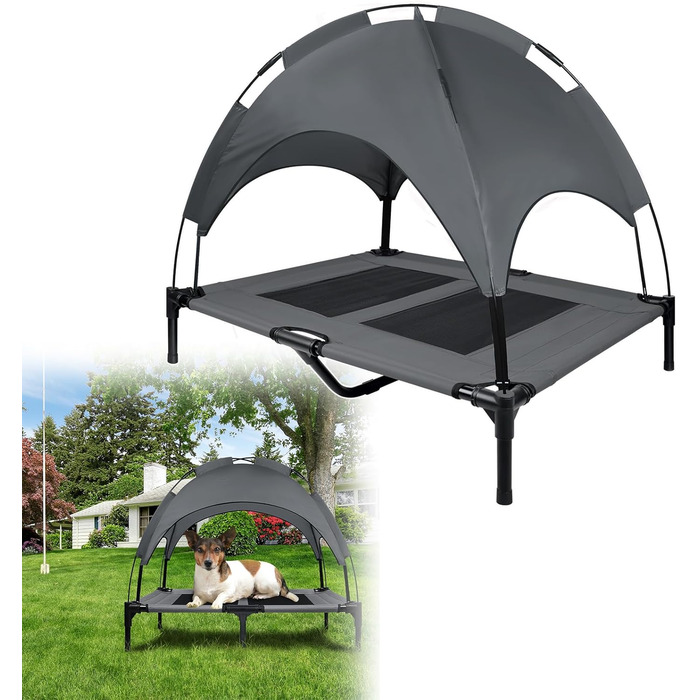 Підвищене ліжко для собак UISEBER 92x76x92 см, Outdoor, з дахом, до 50 кг, вологостійке, сіре + чорне【L】