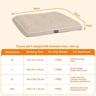 Ортопедичне ліжко для собак, матрац для собак з двошаровим дизайном, миється, знімний кошик для собак, 90 см для собак маленьких та середніх порід, бежевий колір, розмір 89 x 59 x 10 см