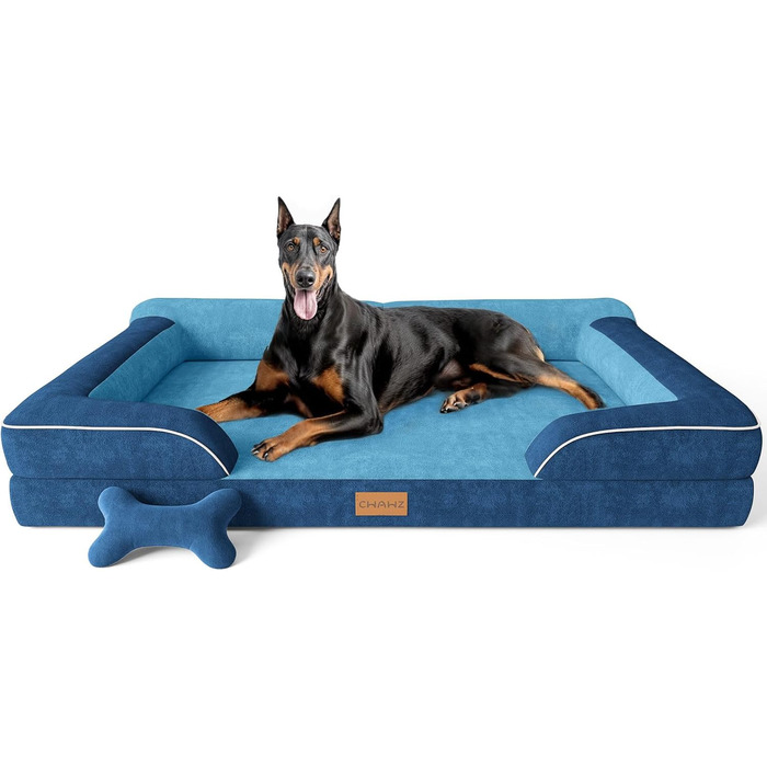 Ортопедичне ліжко для собак, 91x69 см. З іграшкою-кісткою, з охолоджуючого меморі-піни, миється, водовідштовхувальне, антиковзаюче, для великих собак, сірий (темно-синій)