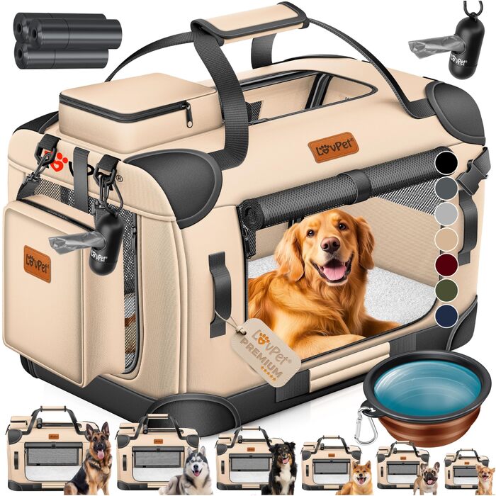 Транспортна переноска для собак та котів LOVPET® L 70x52x52 см | З підлітком для їжі та плечовим ременем | Бежева