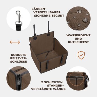 Автокрісло для собак WUGLO Extra Stable, коричневе, для собак середніх розмірів, з 4 ременями, водонепроникне