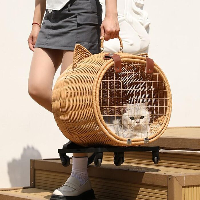 Вінтажна візок для собак та котів з ротангу | Візок для маленьких собак та котів з колесами, телескопічною ручкою | Для прогулянок, подорожей