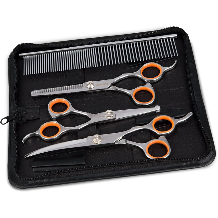 Набір професійних ножиць для грумінгу собак AEXYA Premium Lady 3SR, нержавіюча сталь, прямі та вигнуті леза для собак та котів