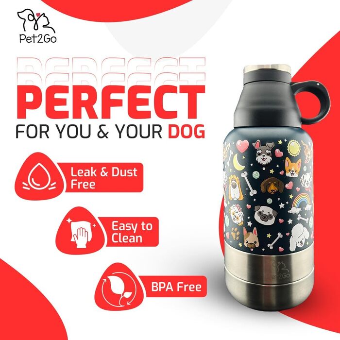 Пляшка для води PET2GO для собак 900 мл з контейнером для ласощів і знімними мисками, ізольований портативний нержавіючий поїльник для домашніх тварин, аксесуари для собак, для прогулянок і подорожей, сірий