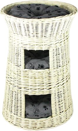 Кігтеточка-ліжко для котів: кругла хатинка, плетений будиночок з лози, триярусне ліжко для собак та котів, колір – білий, з сірим подушечком