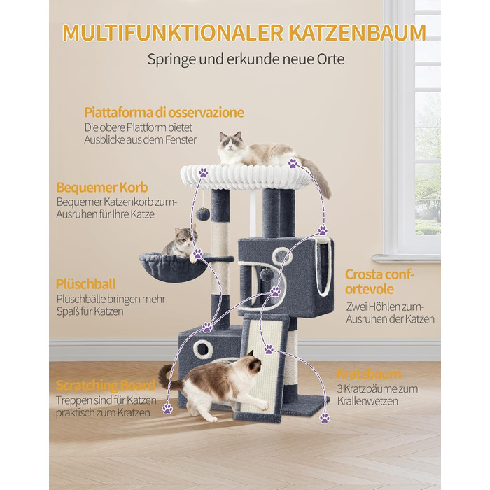 Дерево для котів Hzuaneri, 98 см: стійка конструкція, велика платформа, іграшкові м'ячики, печери, стовпчики для дряпання, дощечка для дряпання, темно-сірий MS10118SG