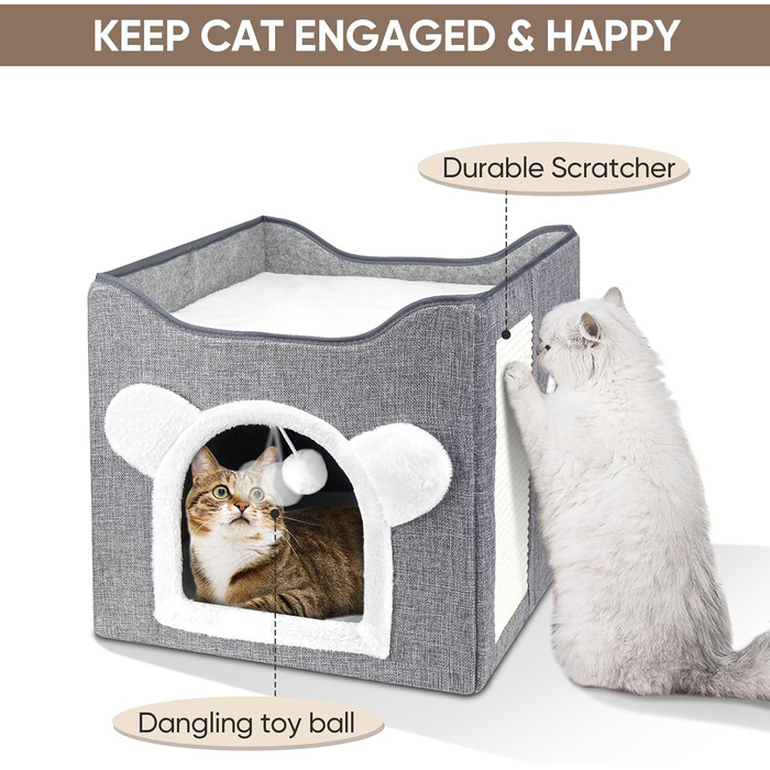 Кігтечка-ліжко для котів Furjoy: двоярусна кімната-будинок з іграшкою та когтеточкою, 40x40x40 см