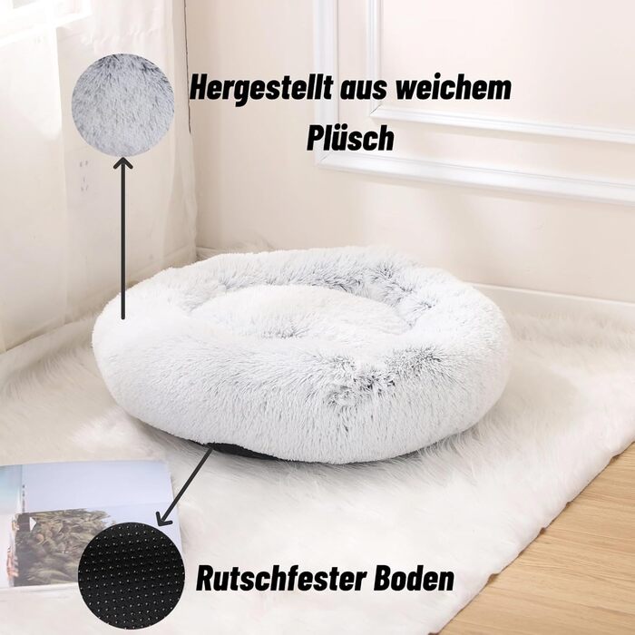 М'яке та пухнасте ліжко для собак, ліжко-пончик для котів, сіре ліжко-кошик для собак маленьких та середніх порід, 60x60x17 см, розмір M