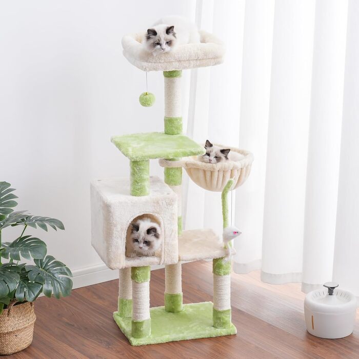 Комплекс для котів Heybly Kratzbaum HCT004SW: Дряпка-будиночок з іграшками, лежаком та сизалевими стовпчиками (43.3 см, зелено-бежевий)