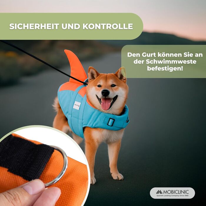 Obiclinic® Sharky: рятувальний жилет для собак з регульованою шлейкою, високою плавучістю та дизайном у стилі акули (блакитний та помаранчевий)